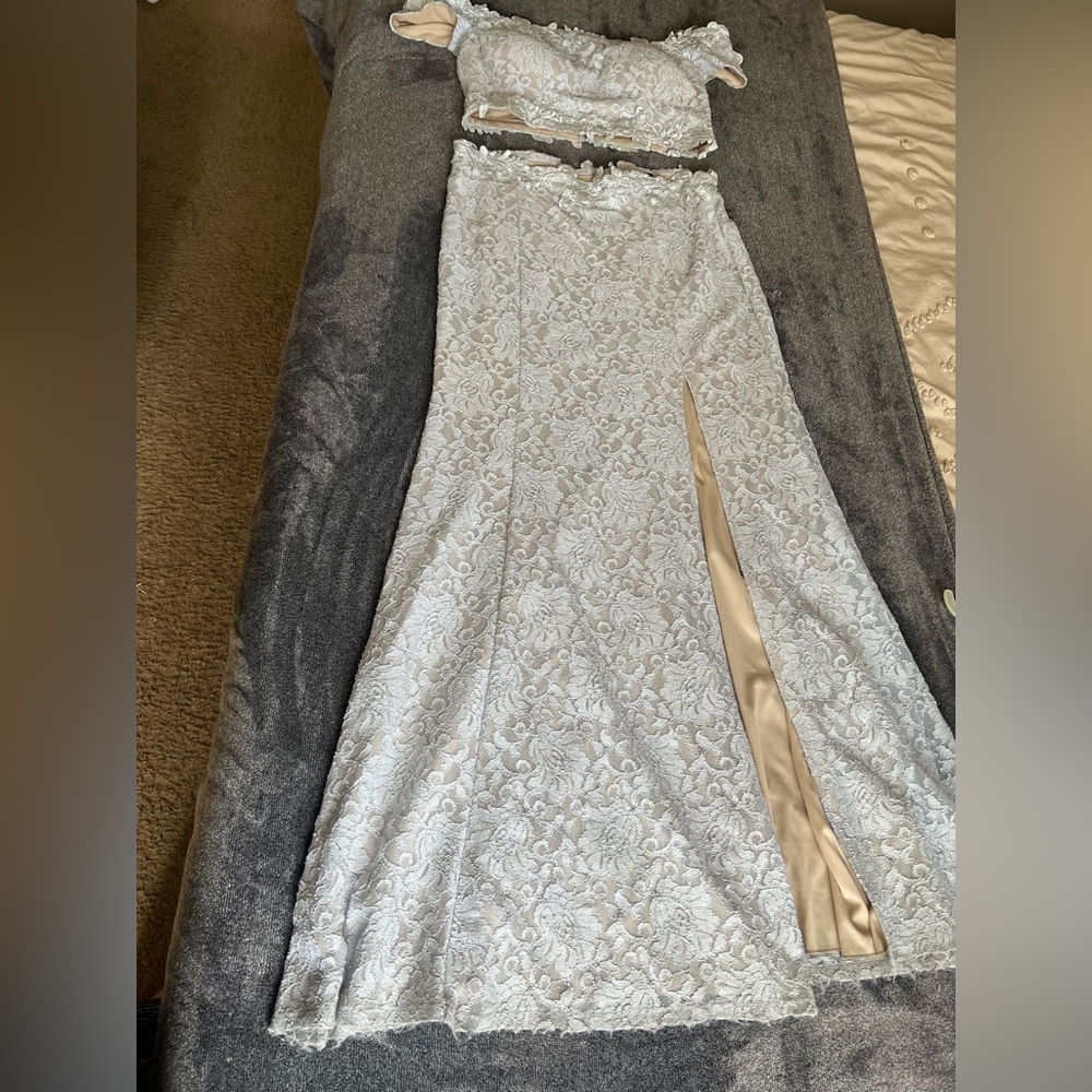 Light Grey Blue lace tight prom dress !! 🤍
